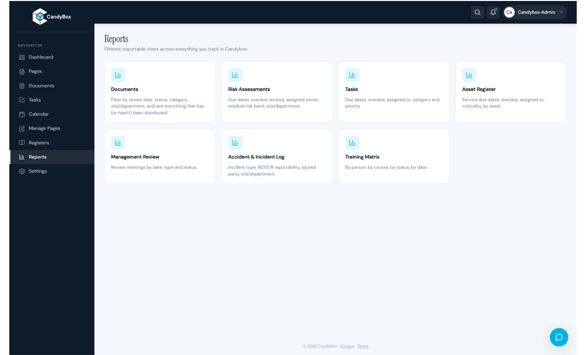 CandyBox ISO Compliance Software user interface showcasing risk registers and document controls